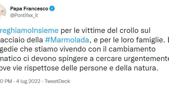 Marmolada, Papa Francesco: «Prego per le vittime, si rispetti natura»
