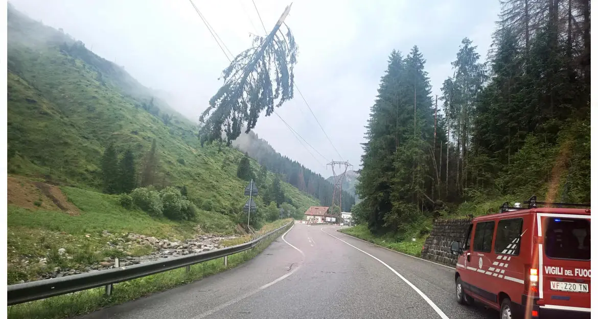 Pioggia, grandine e vento sul Trentino: tetti scoperchiati e alberi sulle strade, incendio in chiesa a Pergine