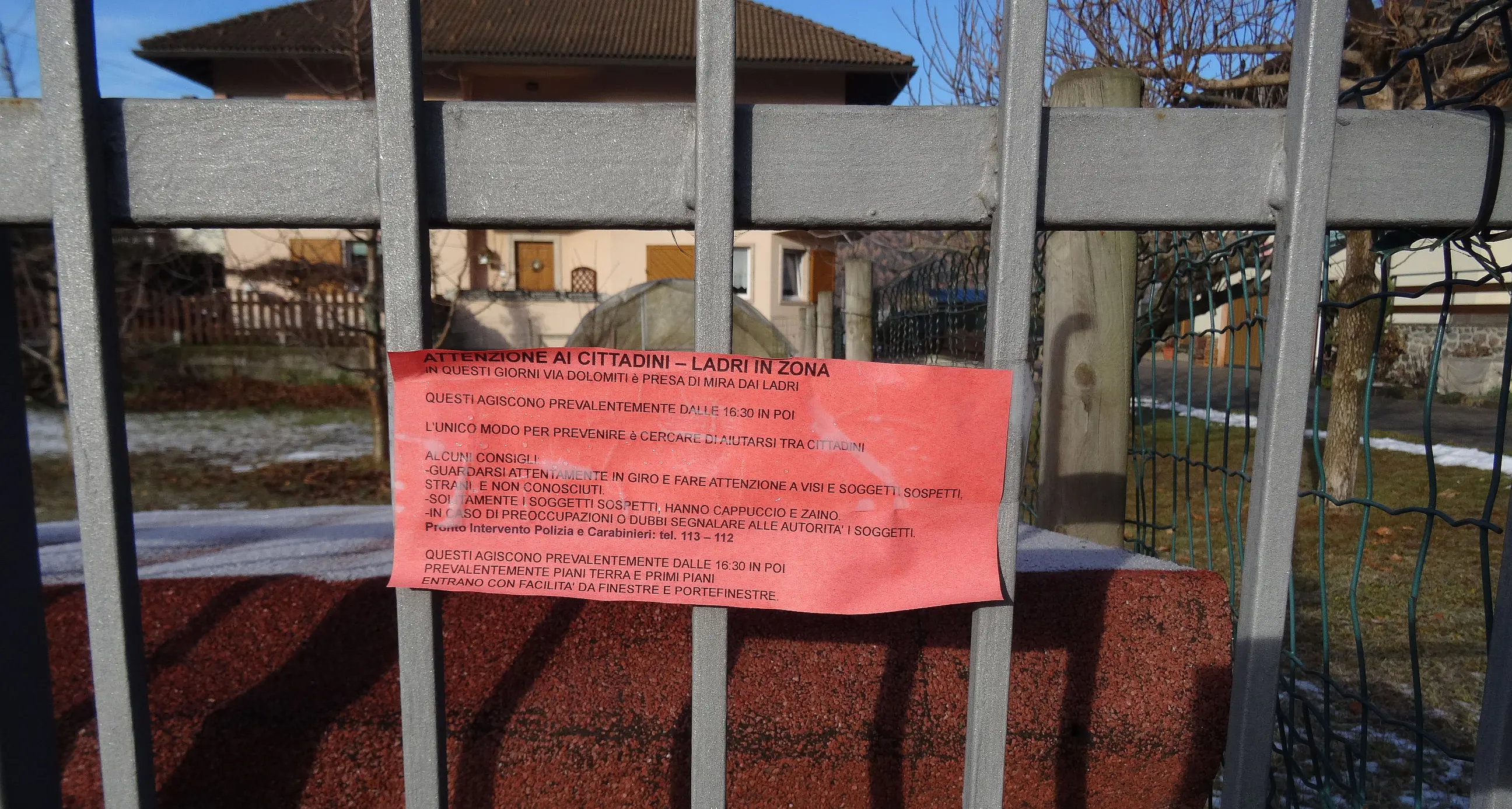 Pergine, avvisi di “pericolo ladri” in via Dolomiti