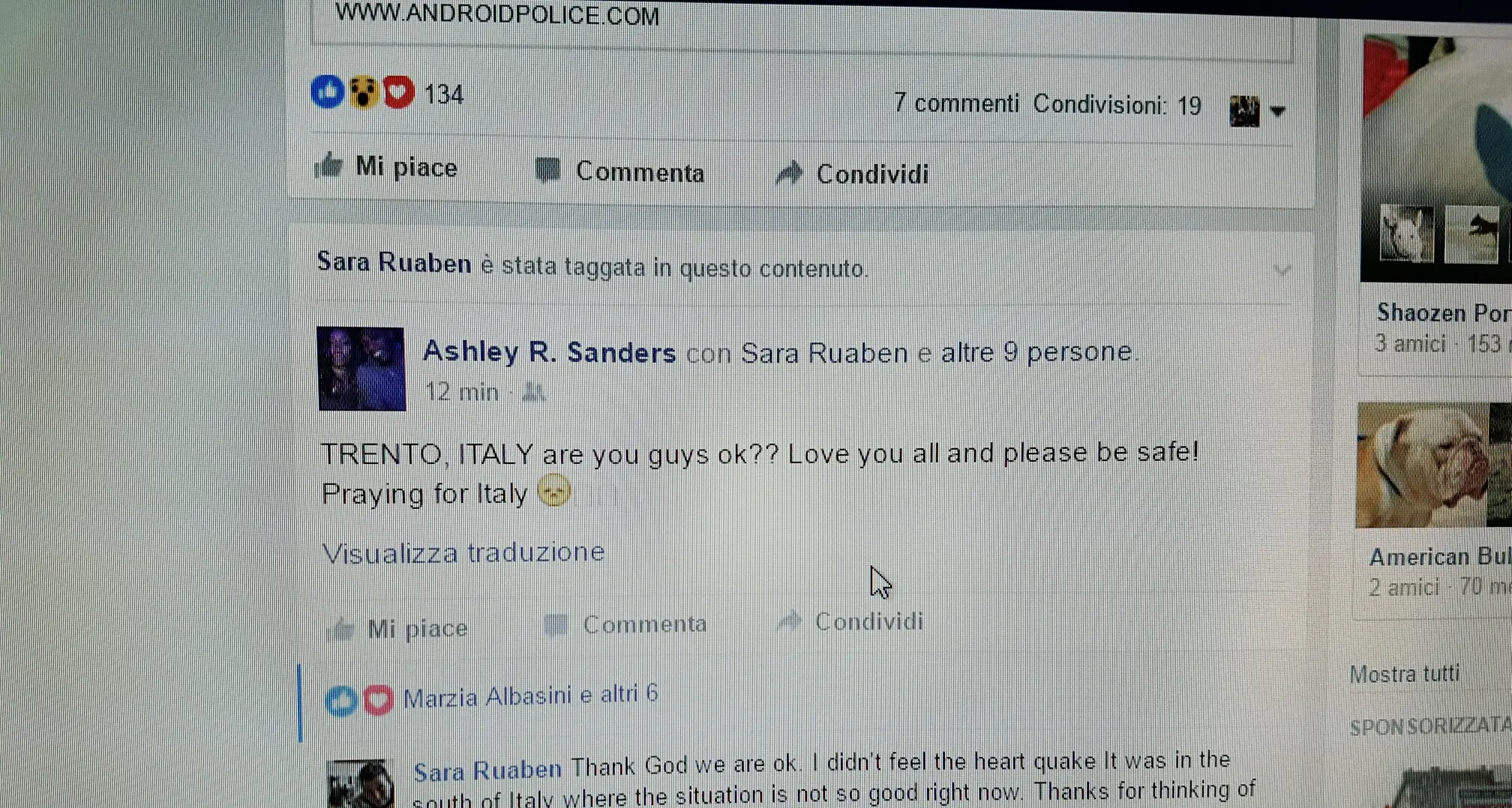 La moglie di Sanders dagli Usa: \"Ehi Trento tutto ok? Prego per l'Italia\"
