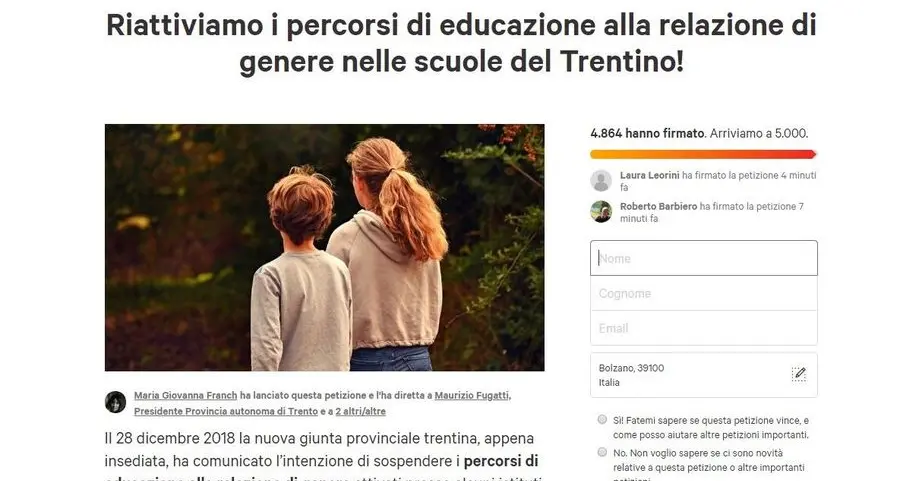 Già raccolte 5 mila firme per i corsi di genere