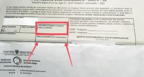 Bolzano, il questionario dell’Asl chiede la “razza” degli alunni