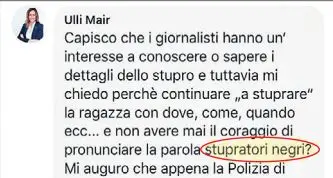 La consigliera provinciale Ulli Mair posta «stupratori negri», Facebook la sospende per tre giorni