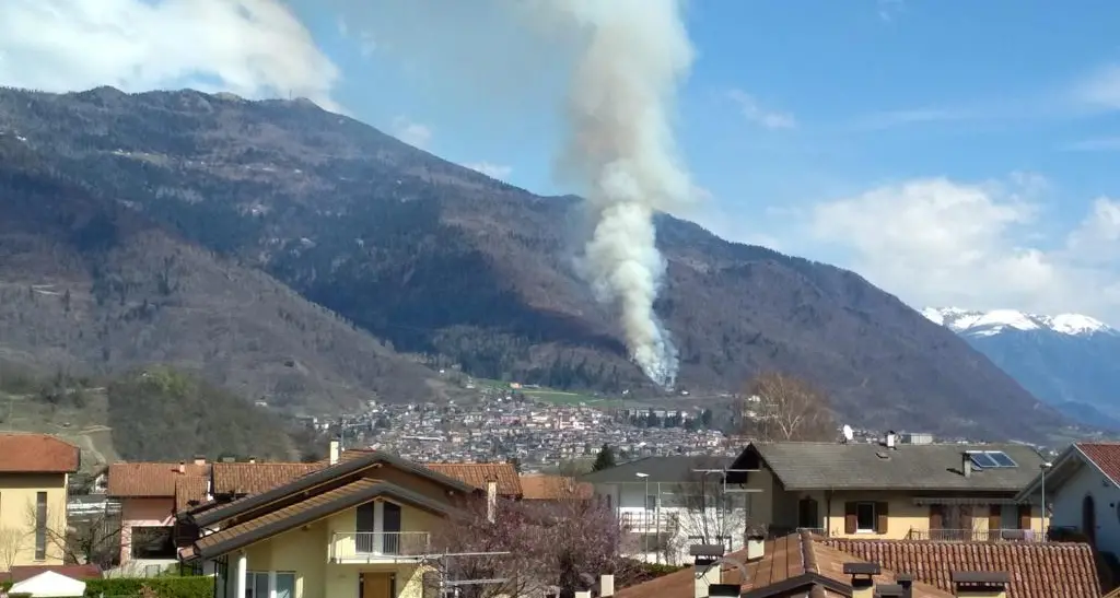Levico, vasto incendio nei boschi sopra il paese