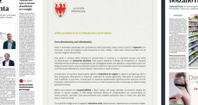Coronavirus, Kompatscher compra una pagina di giornale: \"Comportiamoci in maniera responsabile\"