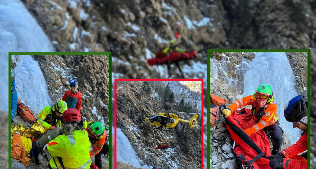 Cade per 80 metri sotto la cascata di ghiaccio in val di Gares