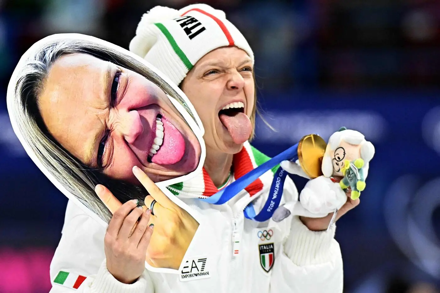Italy's Arianna Fontana poses with her medal on the podium after winning gold in the short track speed skating mixed team relay final during the Milano Cortina 2026 Winter Olympic Games at Milano Ice Skating Arena in Milan on February 10, 2026. (Photo by Gabriel BOUYS / AFP)