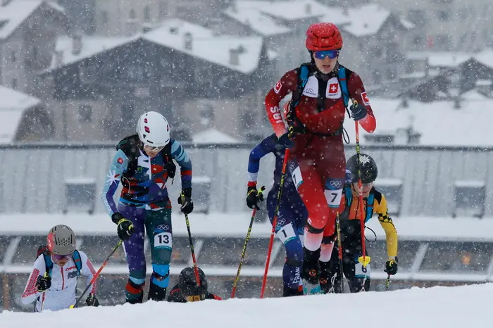 epa12756337 Caroline Ulrich of Switzerland in action during the Women's Sprint of the Ski Mountaineering competitions at the Milano Cortina 2026 Winter Olympic Games, in Stelvio, Italy, 19 February 2026. EPA/GUILLAUME HORCAJUELO