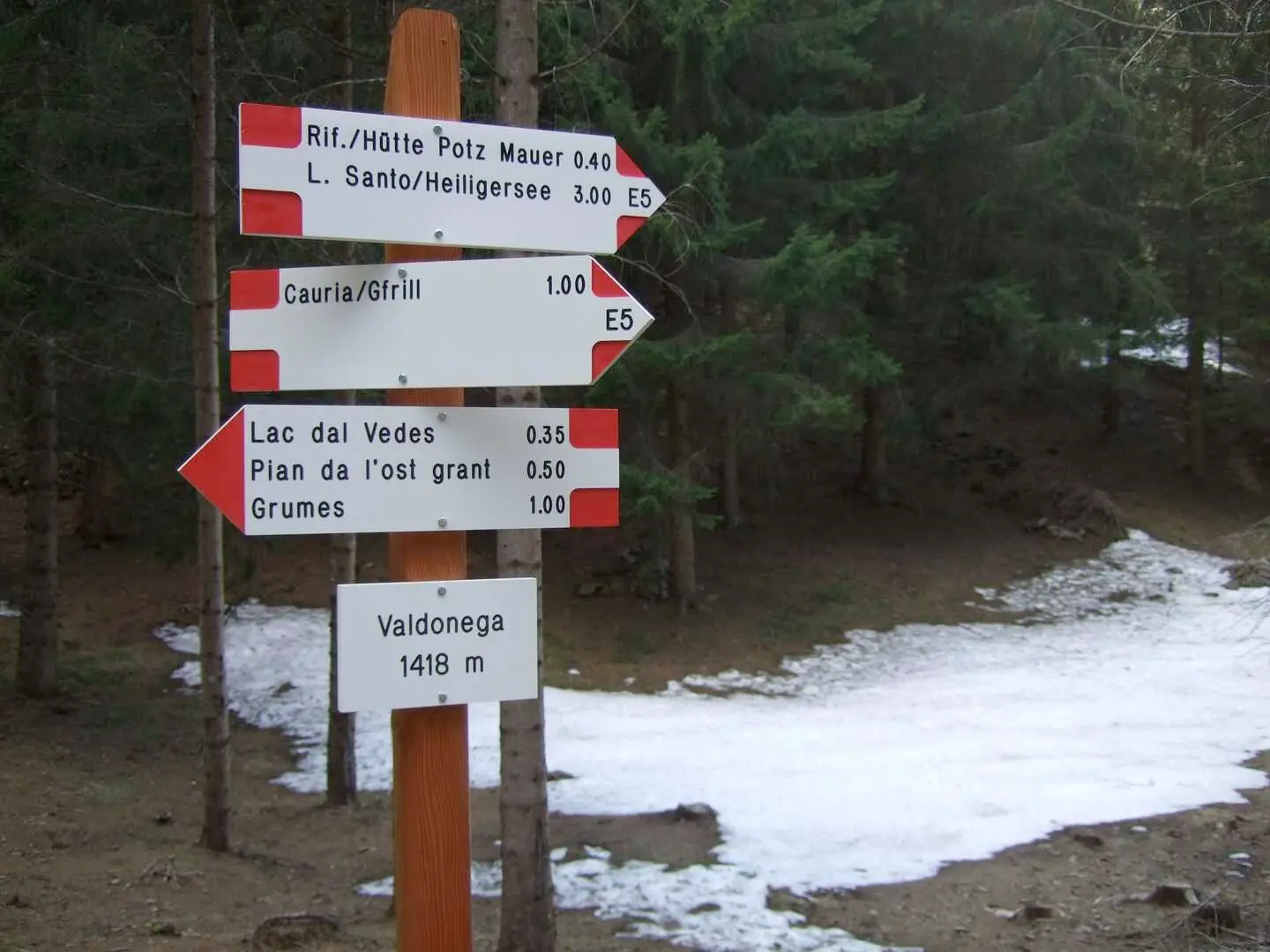 GRUMES - I boschi di Valdonega e la segnaletica Sat per il rifugio Potzmauer (Potz Mauer) ed il lago Santo - maggio 2009 - foto Domenico Sartori