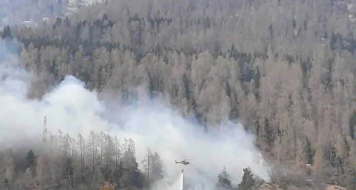 Sotto controllo l’incendio nel bosco a Commezzadura: decine di lanci d’acqua dall’elicottero