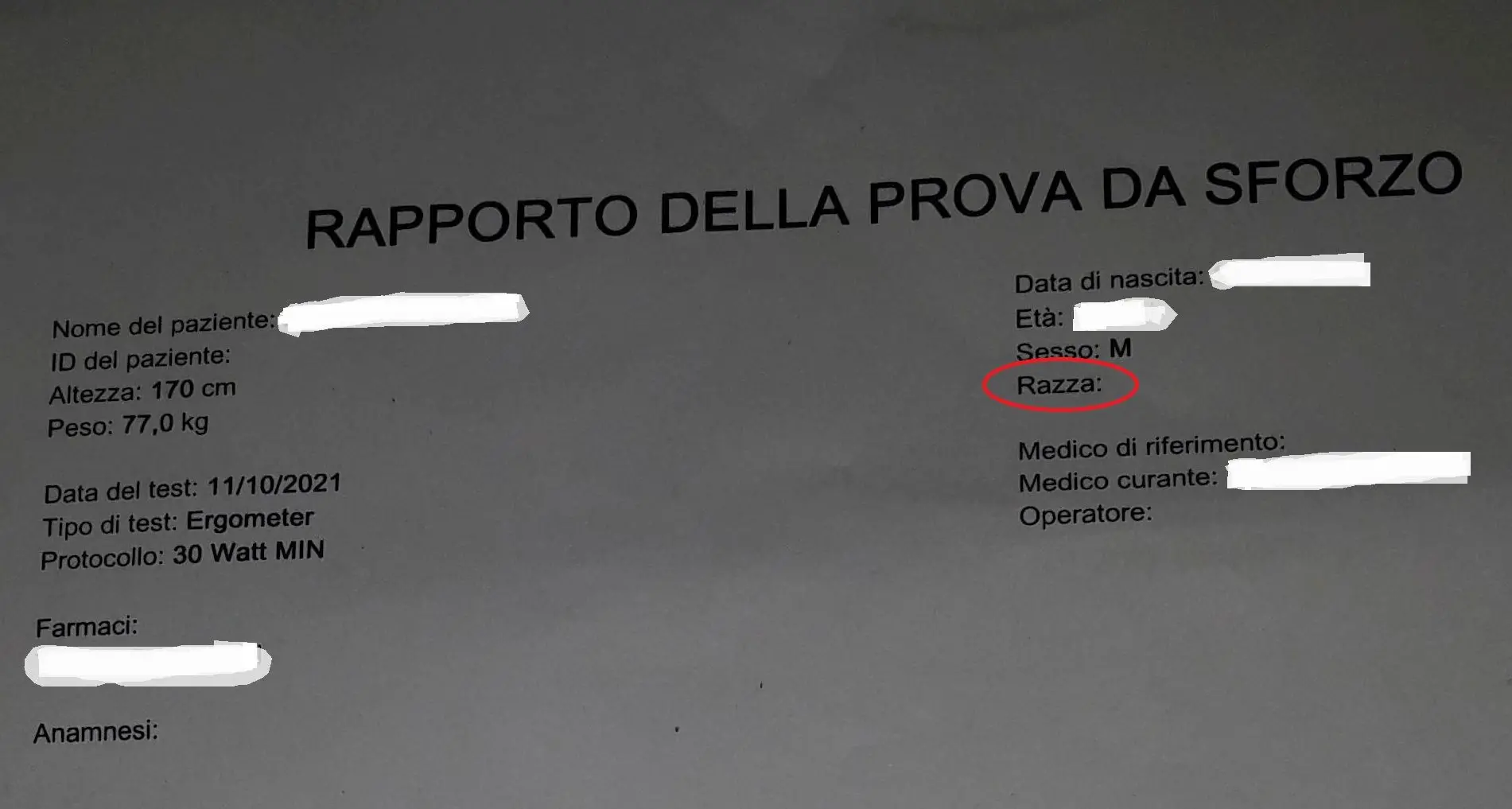 Sul certificato dell’Asl compare la parola “razza”