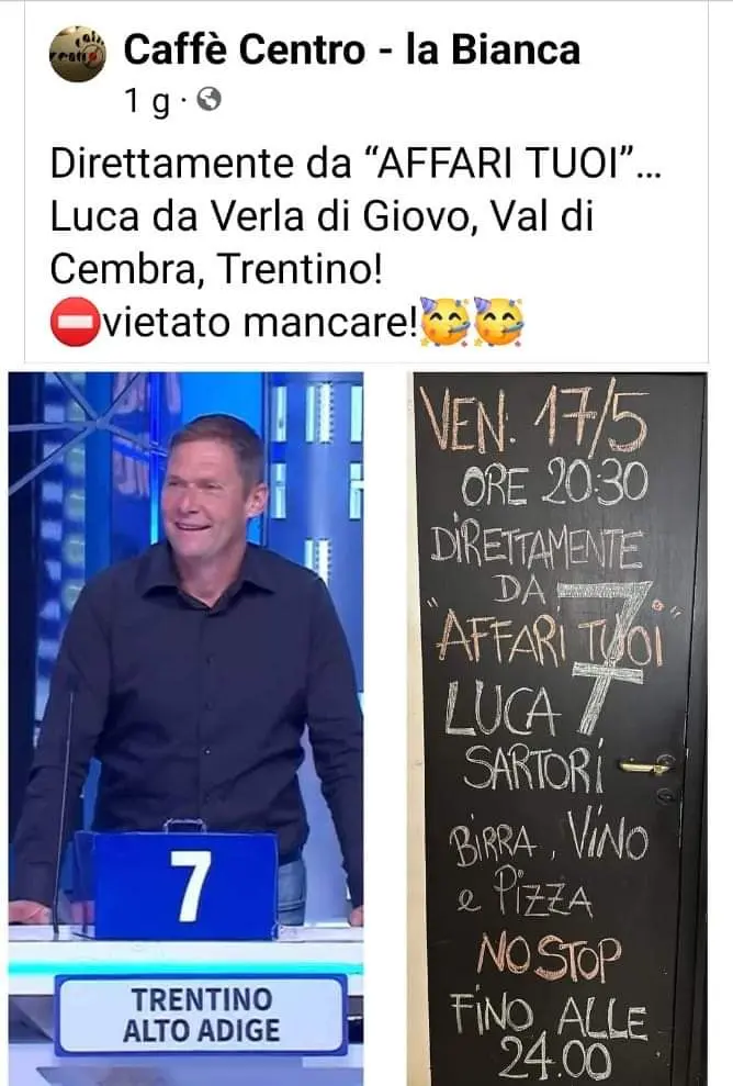 Verla, maxischermo come ai mondiali per la vincita record di Luca Sartori da Amadeus